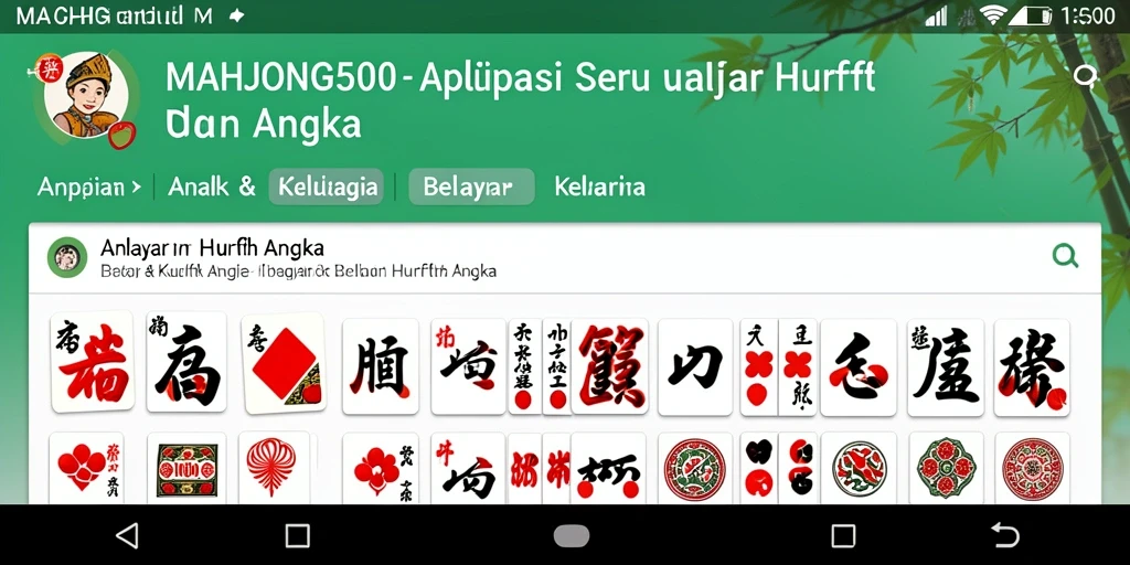 Antarmuka aplikasi MAHJONG500 yang menarik dan interaktif untuk belajar huruf dan angka.